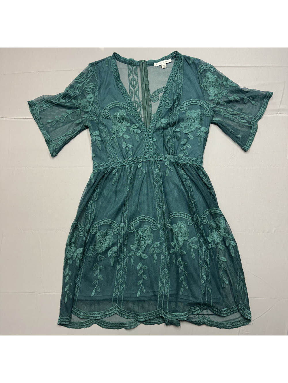 Haute Monde Womens Lace Embroidered Mini Dress Cotton Blend Adult M Teal Green